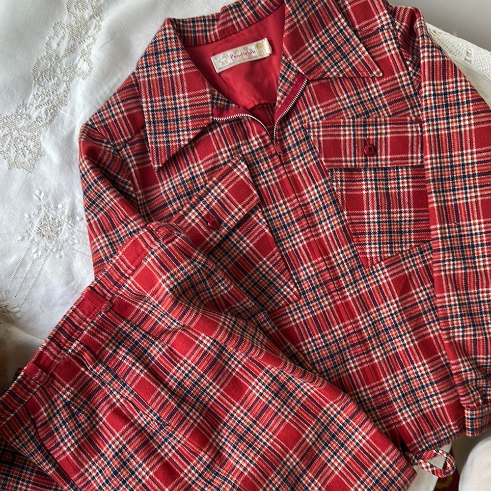 Young Pendleton vintage Red and Black Plaid wool pantsuit.
